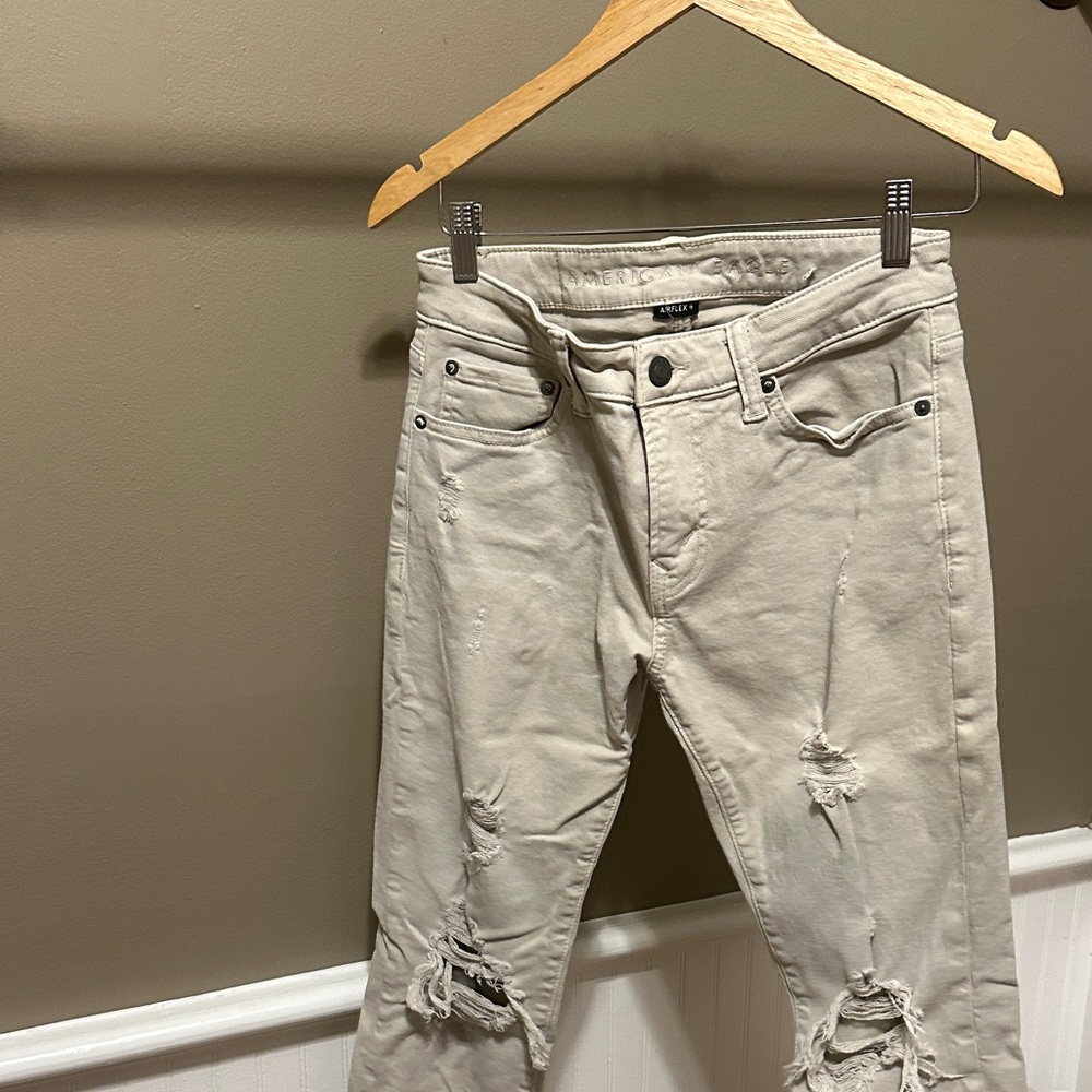American Eagle Mens Slim Straight Distressed Jeans - Light Beige 29 x 32